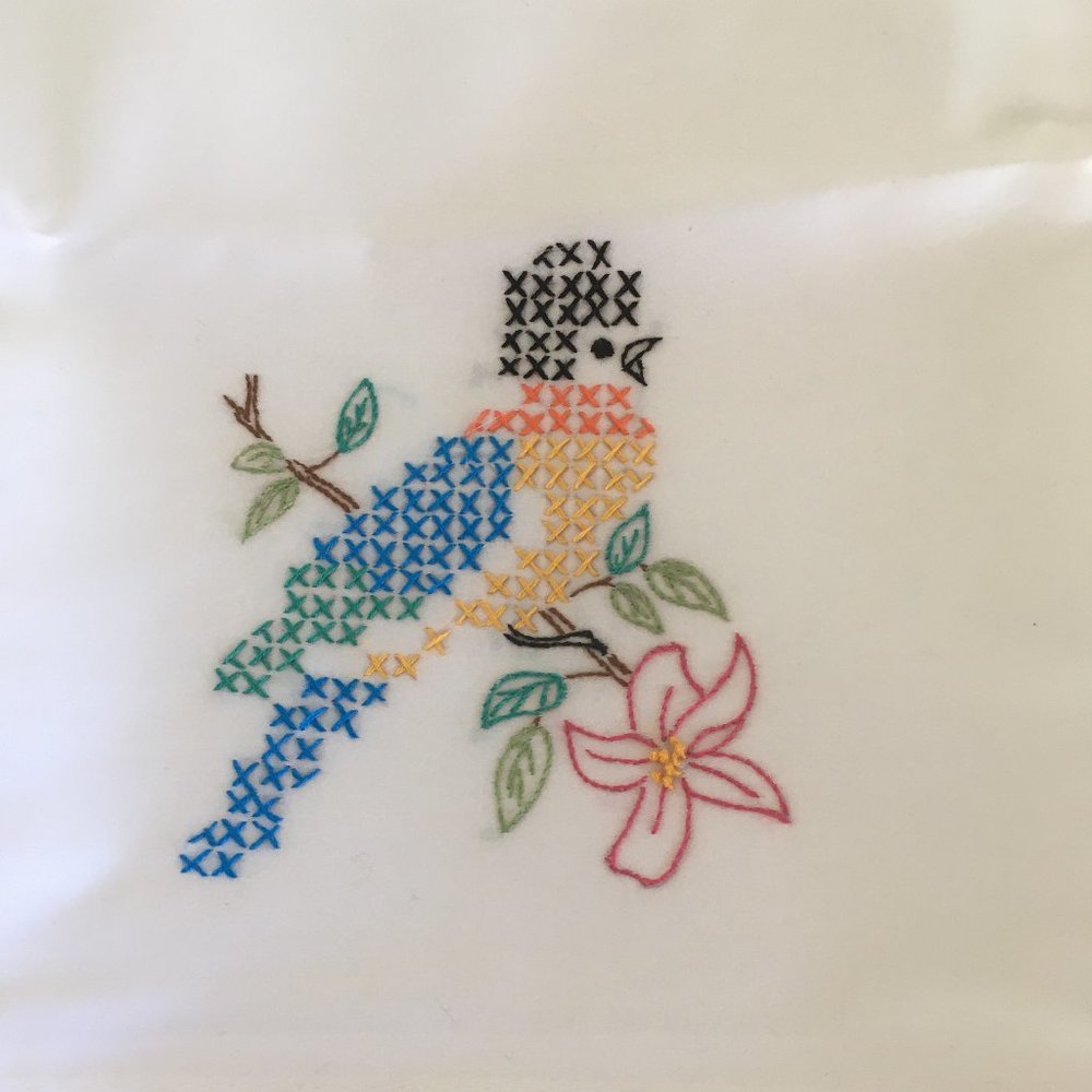 Hand Embroidered Little Bird Standard Pillowcase